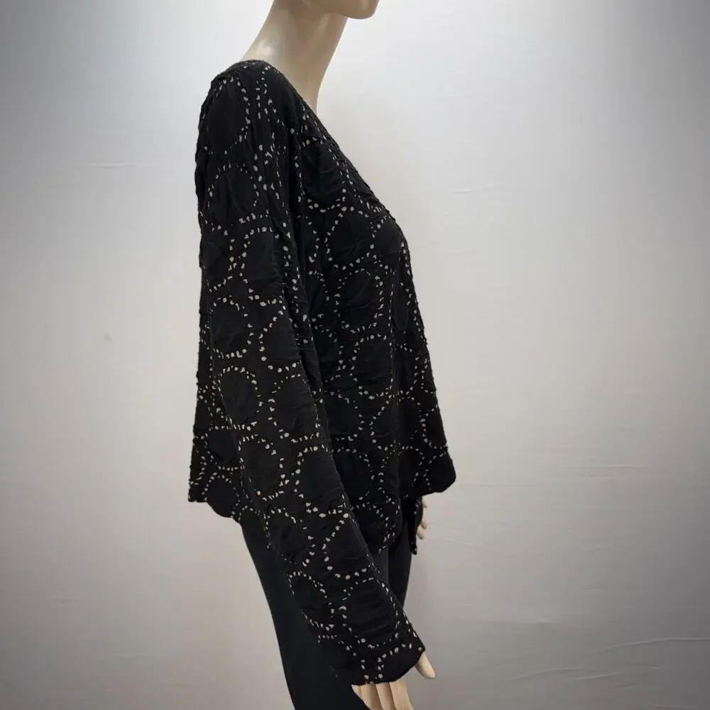 Lisa Bayne Knit Jacket Size L One Button Asymmetric‎ Black Circle Print Pockets
